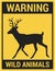 Wild animals - road warning sign. Running deer on a yellow background.