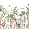 Wild animals watercolor seamless pattern with giraffe and elephant, monkey with cockatoo, parrot savannah with palm trees.