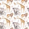 Wild animals watercolor seamless pattern with giraffe and elephant, monkey with cockatoo, parrot savannah with palm trees.