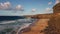 A wild beach with a rocky shore, big waves on the ocean.