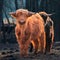 Wild Beauty Unleashed: Majestic Portrait of a Furry Brown Cow in Early Spring