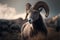 Wild Bighorn Ram portrait closeup view. Animal husbandry. Bighorn Sheep Ram in Mountains background generative AI