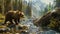 Wild brown bear hunting for salmon in mountain river in summer, grizzly animal in water on green trees background. Concept of