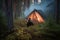 Wild brown bear inspecting a camp tent in the forest