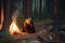 Wild brown bear inspecting a camp tent in the forest