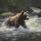 Wild brown bear in the river, digital painting of a wild animal