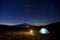 Wild Camp And Etna Volcano Under The Starry Sky At Dawn, Sicily