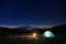 Wild Camp And Etna Volcano Under The Starry Sky At Dawn, Sicily