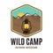 Wild camp logo, outdoor adventure retro camping adventure emblem design with mountains and camp lantern. Unusual vintage