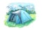 Wild camping illustration with tent on the green meadow. Nature landscape with mountains. Hand painted in watercolor. Isolated on