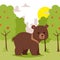 Wild cartoon animal bear walking in green area on city background banner vector illustration. Beautiful nature scene