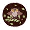 Wild cartoon owl on branch grunge card or emblem or logo