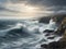 wild coastal waves crash on rocky shores