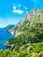 Wild coastline cliff covered with trees at Amalfi Coast, Naples, Italy