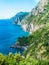 Wild coastline cliff covered with trees at Positano, Amalfi Coast, Naples, Italy