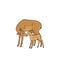 Wild deer female mother with baby fawn vector outline sketch illustration isolated on white background.