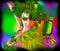 A wild digital art fashion scene with an exotic green feathered outfit worn by a stunning 3d model.