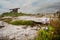 Wild flowers in focus. Poulnabrone Dolmen relict building out of focus. County Clare near Ballyvaughan town, Ireland, Beautiful