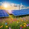 Wild flowers in front of solar panels on a Power plant image is