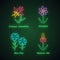 Wild flowers neon light icons set. Crimson columbine, coreopsis, blue flax, mexican hat. Blooming wildflowers, weed