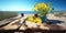 wild flowers , sunflowers in ceramic cup on wooden table at sunny sandy beach countryside seascape