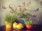 Wild flowers in vase, herbs and lemon fruits