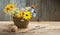 Wild flowers in vase, tangle of rope and scissors on old grunge wooden background chamomile lupine dandelions thyme mint bells