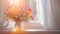 wild flowers in vase on white windowsill with curtains and sunlight shining trough window. Spring in cozy home 4k video