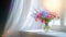 wild flowers in vase on white windowsill with curtains and sunlight shining trough window. Spring in cozy home 4k video