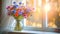 wild flowers in vase on white windowsill with curtains and sunlight shining trough window. Spring in cozy home 4k video