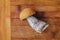 Wild forest birch mushroom over woodden background