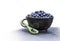 Wild forest blueberries in the spoon and clay pipkin dish with white handle