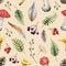 Wild forest herbs, mushroom seamless pattern. Watercolor image. Hand drawn wild fly agaric mushroom, herbs, fern