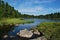 Wild forest, river and Karacol lake, Altai, Russia