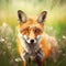 Wild fox in a spring landscape with warm sunshine, fields and wildflowers