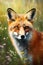 Wild fox in a spring landscape with warm sunshine, fields and wildflowers