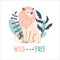 Wild and free. Cute hand drawn lion and tropic plants