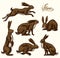 Wild hares set. Rabbits are sitting and jumping. Forest bunny or coney Collection. Hand drawn engraved old sketch for T