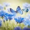 Wild light blue flowers in field and two fluttering butterfly