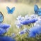 Wild light blue flowers in field and two fluttering butterfly