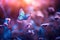 Wild light blue flowers in field and two fluttering butterfly on nature outdoors, close-up macro