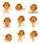 Wild lion cartoon. Cute african big lions mascot in various poses walking standing jumping relaxing vector characters