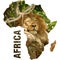 Wild lion sleepoing over tree branch and africa continent outline