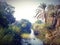 wild and lush Egyptian countryside, palm trees and irrigation canal in the early morning