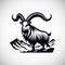 Wild markhor mountain goat standing on rock black and white vector silhouette and outline