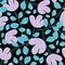 Wild meadow flowers seamless vector pattern background. Botanical purple teal florals on black backdrop. Folk country