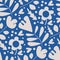 Wild meadow flowers seamless vector pattern background. Botanical silver florals on blue backdrop. Folk country style
