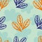 Wild meadow leaves seamless vector pattern background. Teal, orange, indigo trio of leaves on silhouette floral textured