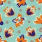 Wild meadowflower blossom seamless vecor pattern background. Blue and neon orange indigo painterly florals with circles