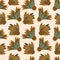 Wild meadowflower blossom seamless vecor pattern background. Ochre and sage green painterly floral mix on beige backdrop